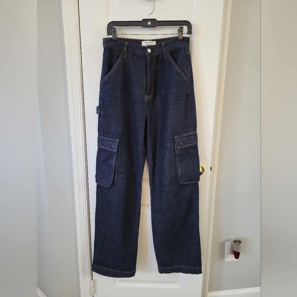 Reformation Wilder Cargo High Rise Wide Leg Jeans Rinse Dark Wash Size 29
